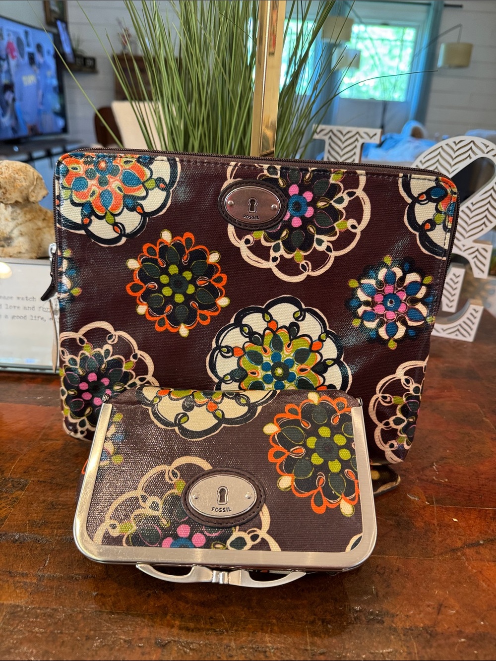 Fossil Multicolor Floral Zip Clutch and Wallet on Brown